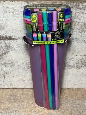 Set 4 Pack Tal Color Changing Reusable SOLID Tumblers, Straws & Lids 24oz New